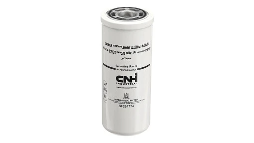 Hydraulic oil filter for New Holland equipment. Removes contaminants from pressurized fluid to protect pumps and valves.