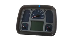 Instrument cluster for New Holland tractor cab. Displays engine, hydraulic, and operational parameters to the operator.