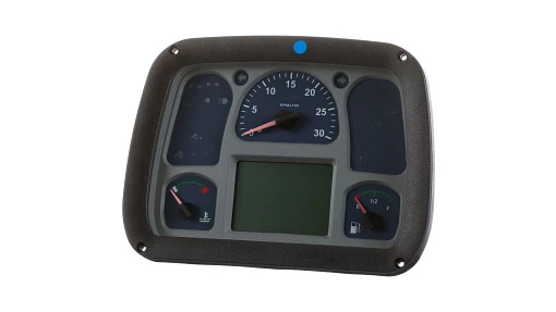 Instrument cluster for New Holland tractor cab. Displays engine, hydraulic, and operational parameters to the operator.