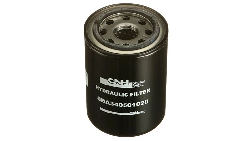 Hydraulic oil filter for New Holland equipment. Removes contaminants from pressurized fluid to protect pumps and valves.